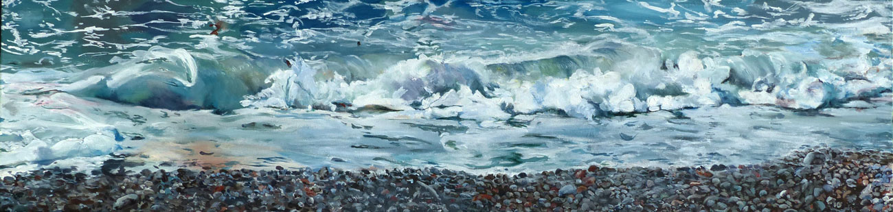 Acrylic painting of an ocean wave approaching the shore by Gwen Frankton