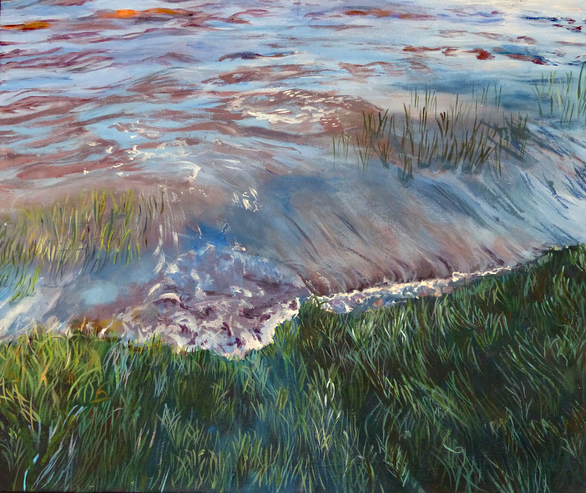 Acrylic painting of n the Bay of FundyThe tide coming in over a salt marsh on the Bay of Fundy by Gwen Frankton