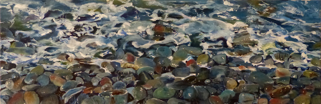 Acrylic painting of a wave receding from a stony shore by Gwen Frankton