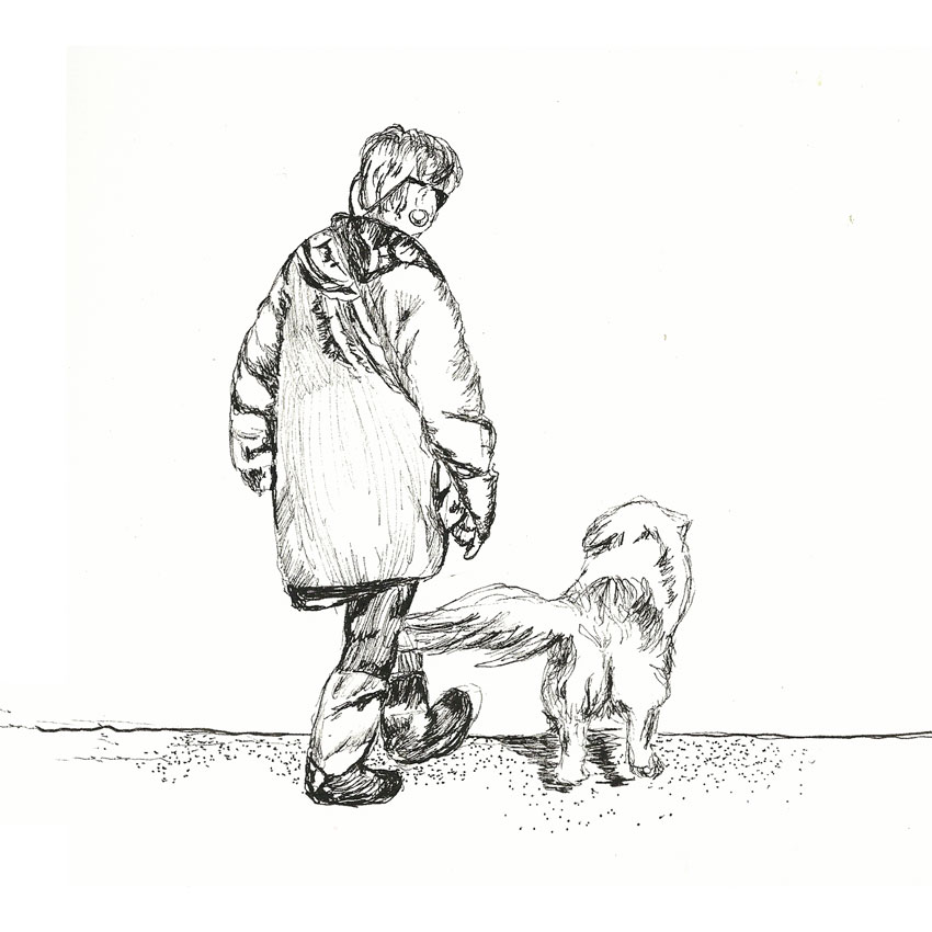 Sketch of EcoArtist Gwen Frankton and her Golden Retriever, Rosie. Illustration in Pencil by Gwen Frankton.