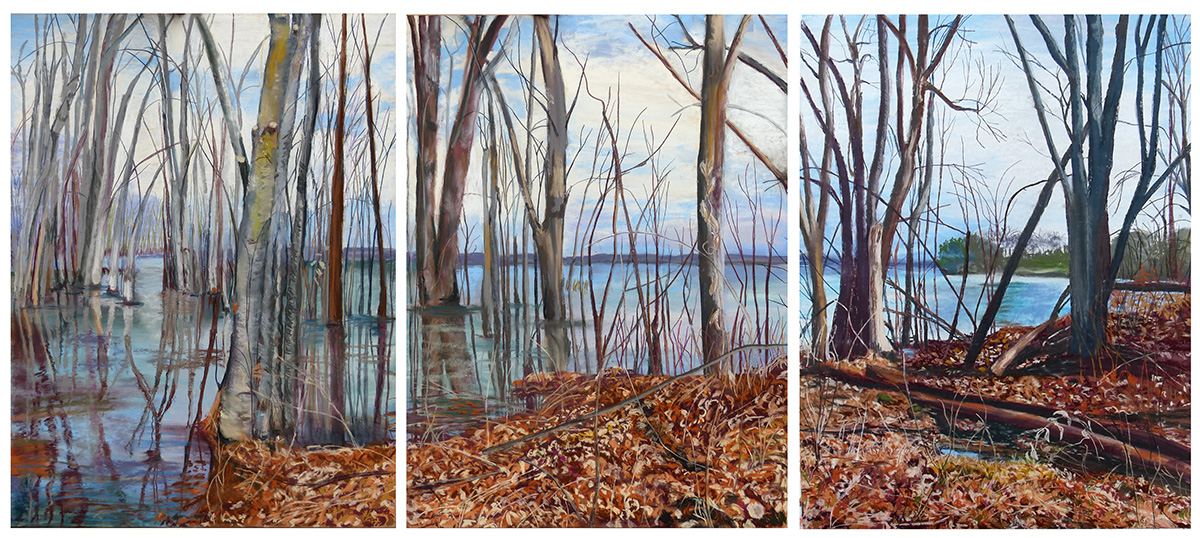 Ottawa River in Flood, Crystal Bay. Pastel Triptych By Gwen Frankton. Each panel 24